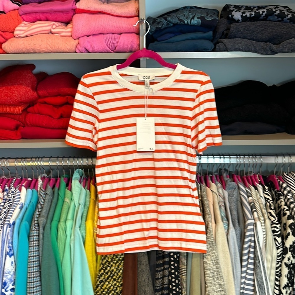 COS white/orange striped t shirt size XS NWT